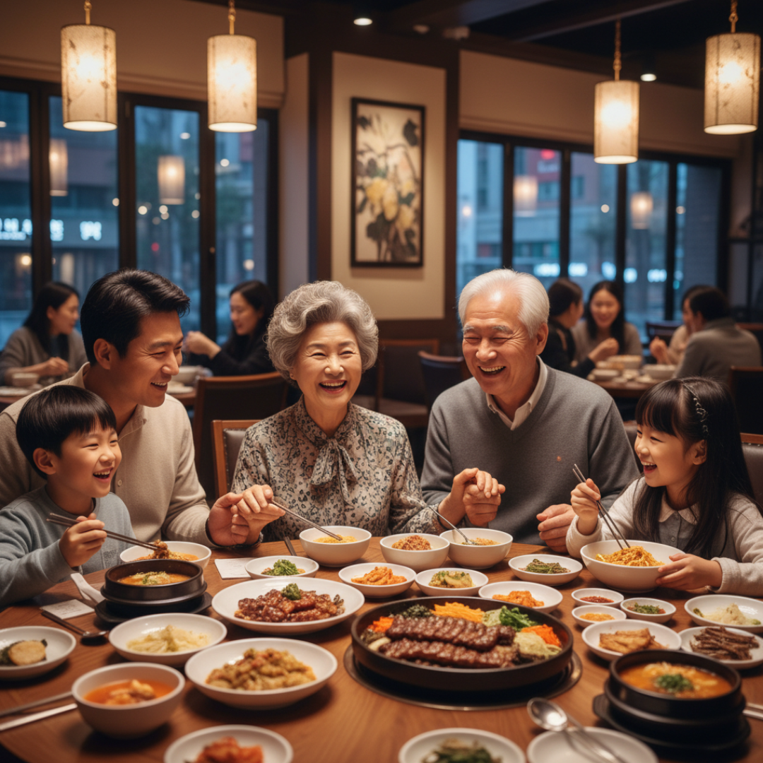 조용하고 편안한 식당에서 부모님과 함께 웃으며 식사하는 가족의 모습