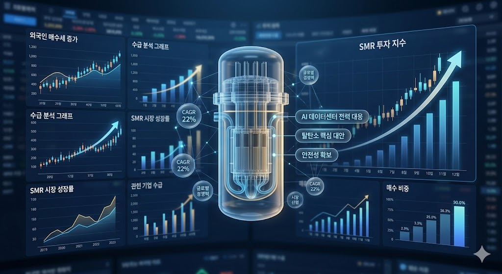 푸른빛의 디지털 주식 차트 배경 위에 투명한 SMR 원자로 모델이 떠 있는 고해상도 3D 이미지