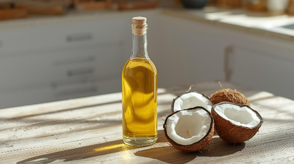 하얀 책상 위 노트북 옆에 놓인 따뜻한 커피잔, 위에 MCT 오일 방울이 떠 있는 모습, 아늑한 아침 분위기