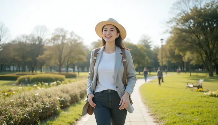 50대 한국인 여성이 공원에서 가벼운 산책을 즐기는 모습