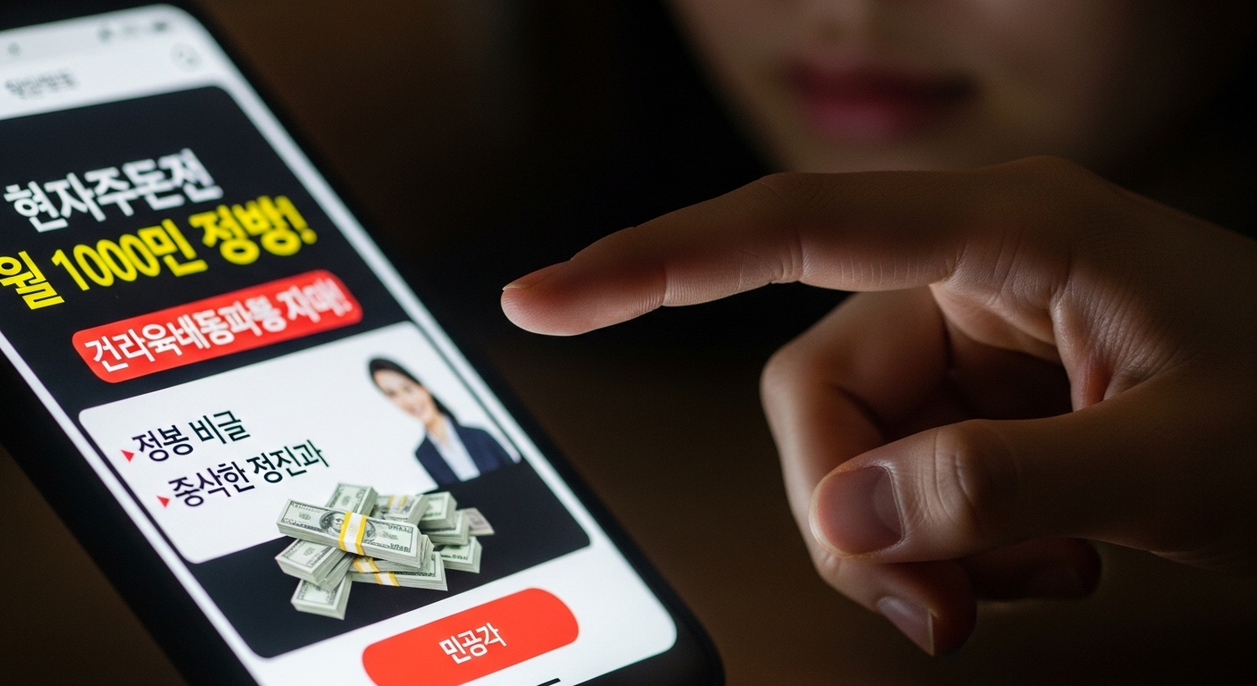 비상식적인 고액 보수를 내세운 사기성 해외 취업 광고가 보이는 스마트폰 화면
