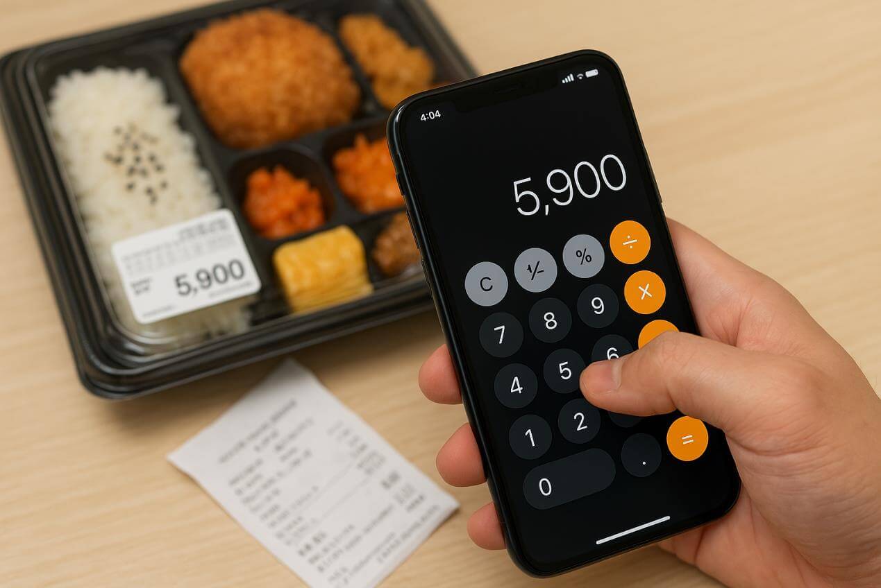 도시락 가격 5,900원을 계산기에 입력하는 모습.