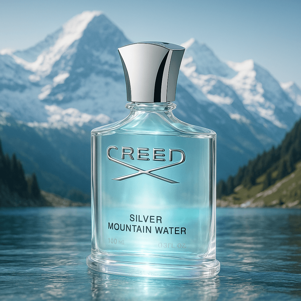 투명한 유리 보틀과 은빛 캡 디자인의 크리드 실버 마운틴 워터 향수, 눈 덮인 알프스 산봉우리와 맑은 계곡물을 배경으로 한 고급스러운 화보 컷