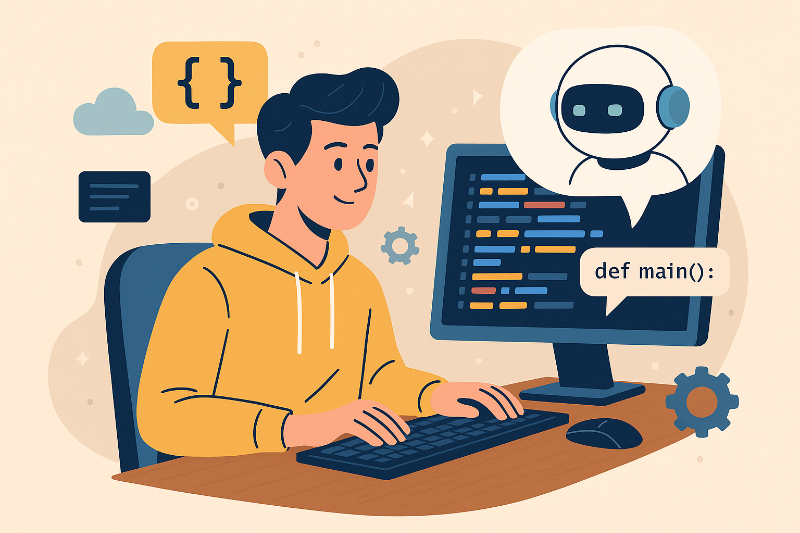 AI가 도와주는 바이브 코딩 장면 일러스트