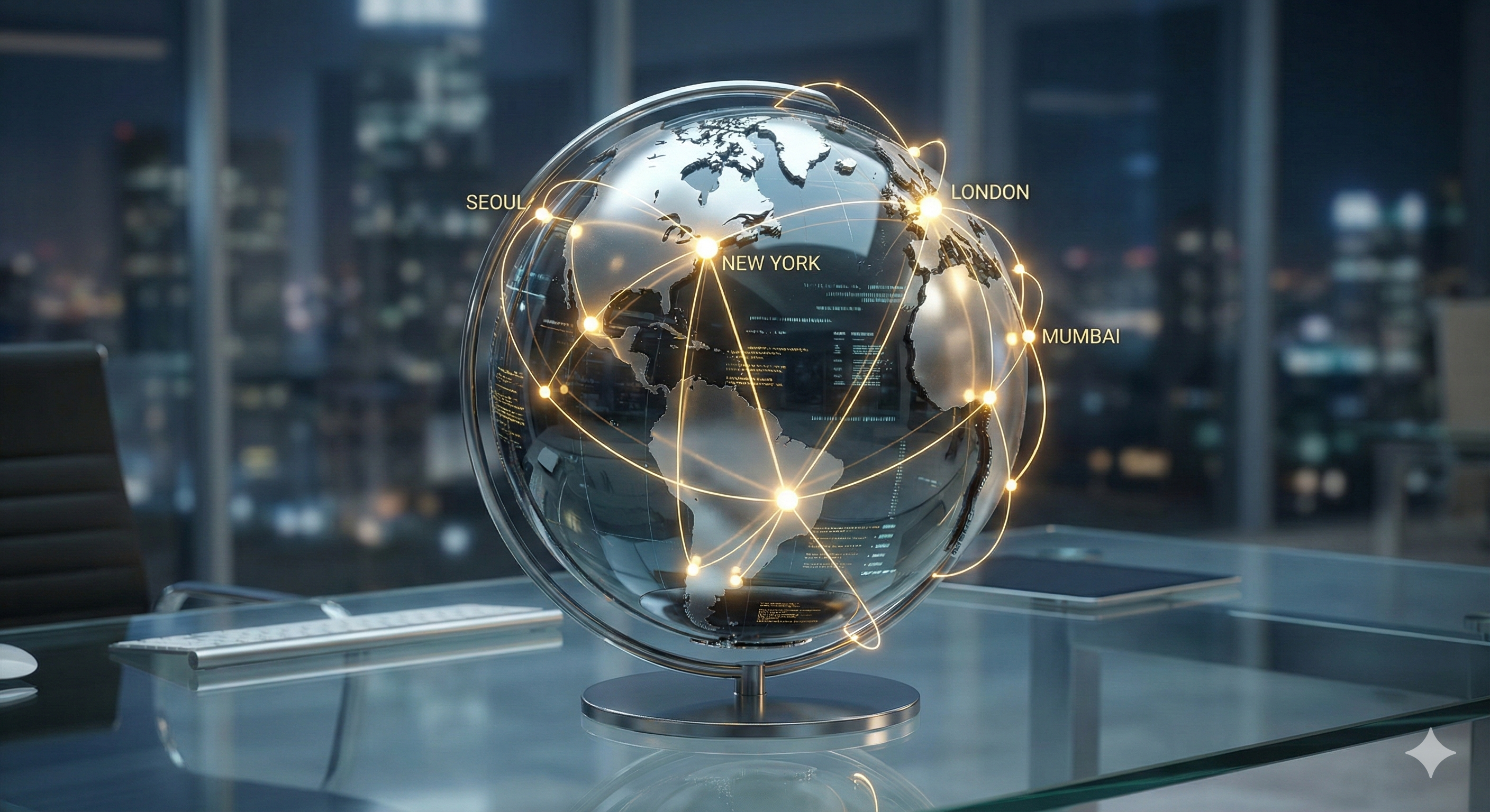 인도, 홍콩, 뉴욕 등 글로벌 거점을 연결하며 신흥국을 공격적으로 공략하는 미래에셋증권의 비즈니스 생태계를 고급스럽게 시각화