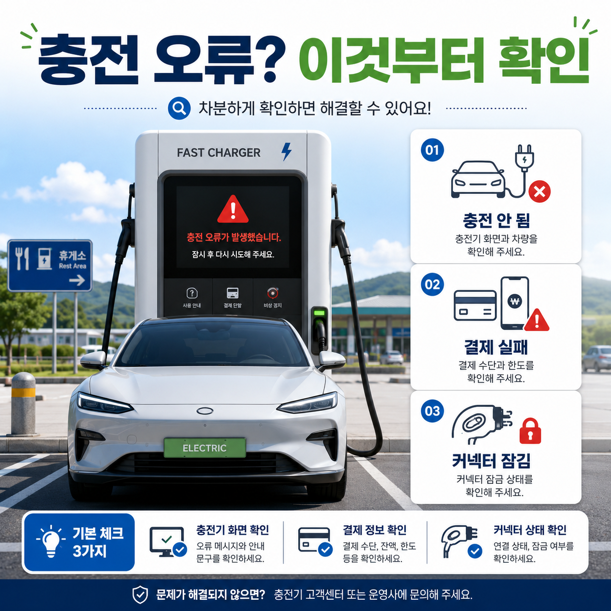 전기차 충전 오류로 충전 시작 안 됨과 결제 실패 커넥터 문제를 확인하는 모습