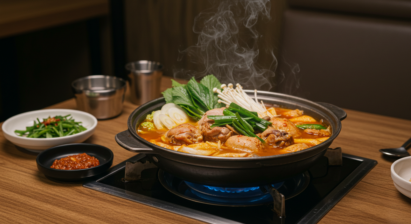 김이 나는 따뜻한 물닭갈비 전골이 나무 테이블 위에 놓여있는 모습