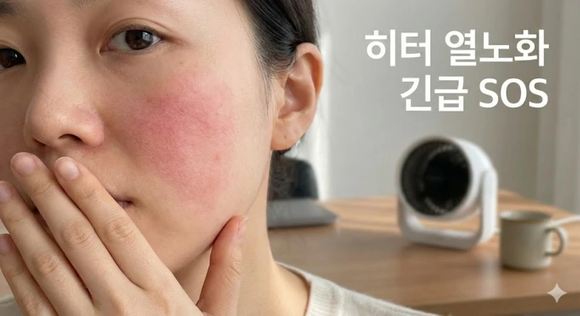 사무실 책상 위 소형 히터 옆에서 한 여성이 붉게 상기되고 건조한 볼을 손으로 감싸고 있는 클로즈업 사진입니다. 얼굴의 붉은 기와 건조함이 강조되어 있으며, '히터 열노화 긴급 SOS'라는 문구가 깔끔하게 적혀 있습니다. 전반적으로 부드럽고 정돈된 분위기입니다.