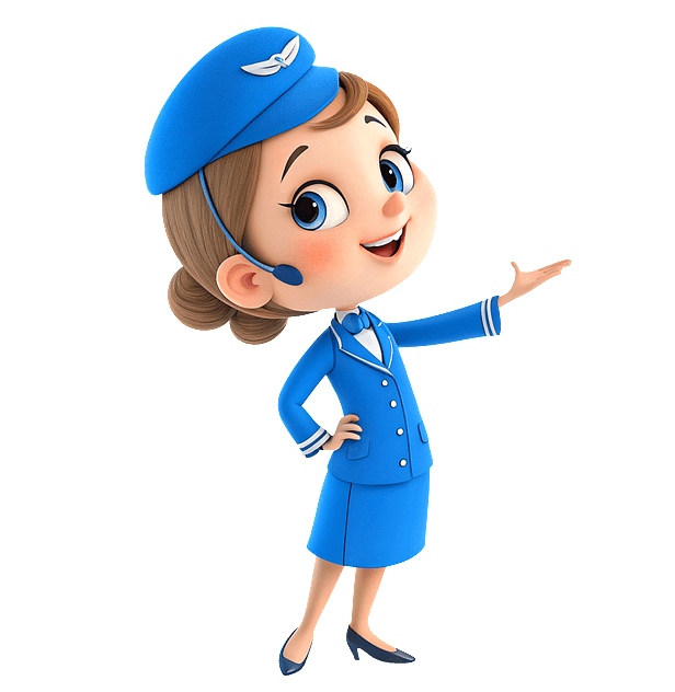 파란색 승무원 복장과 모자를 쓴 여성이 미소지으며 서 있다.