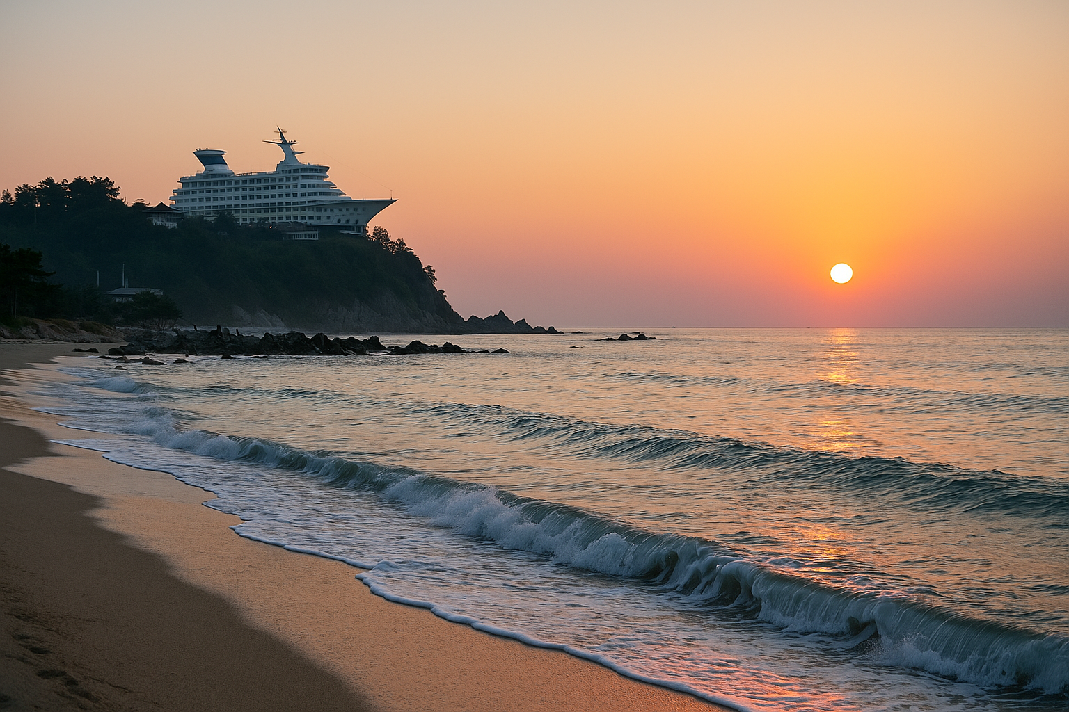 정동진 해변 일출과 바다, 크루즈선 모양의 호텔이 어우러진 풍경