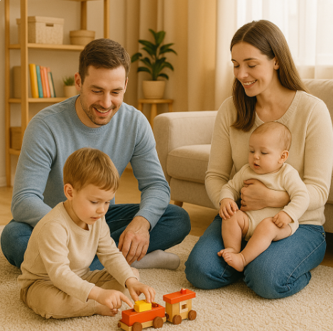 아이 둘을 육아하고 있는 엄마아빠의 사진