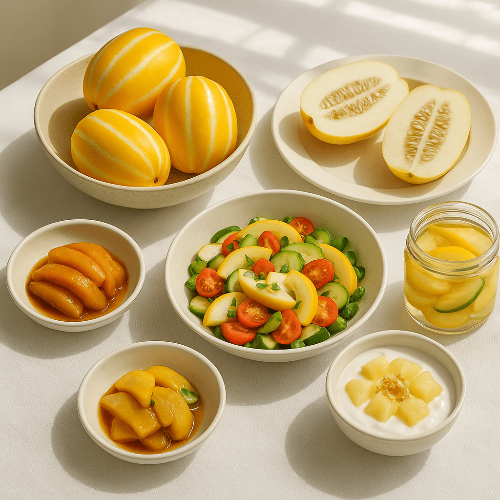 참외레시피로 만든 참외요리들, 참외, 참외장아찌, 참외샐러드, 참외요거트볼 이미지