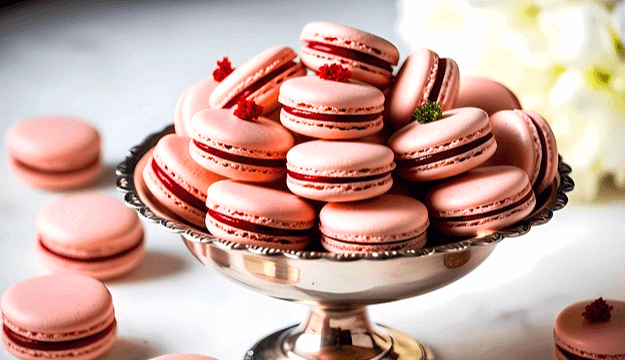 은색 그릇에 분홍색 마카롱이 가득 담겨있다. 주변에도 마카롱이 있다.