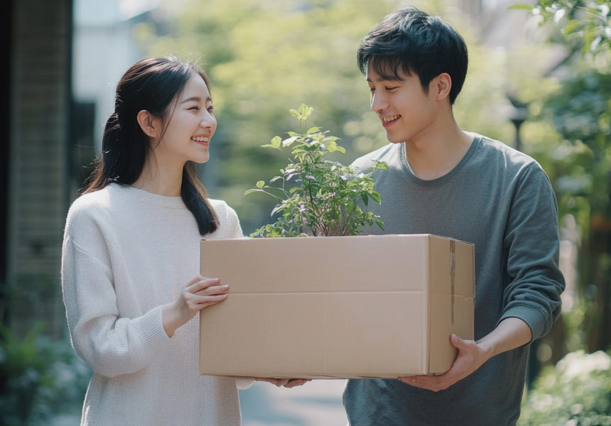 청년 부부가 새 집에서 이사 박스를 정리하는 모습