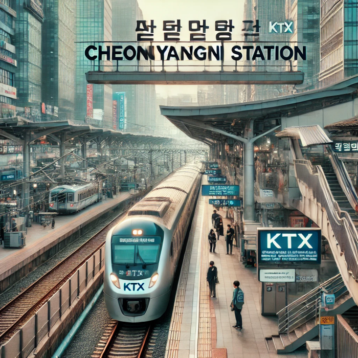 청량리역 외부 전경과 플랫폼에서 대기 중인 KTX 열차