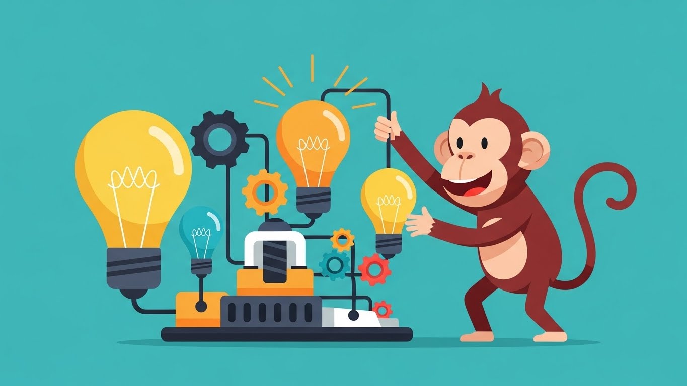 창의적인 기계를 발명하며 아이디어를 뽐내는 원숭이 캐릭터의 2D 플랫 벡터 일러스트