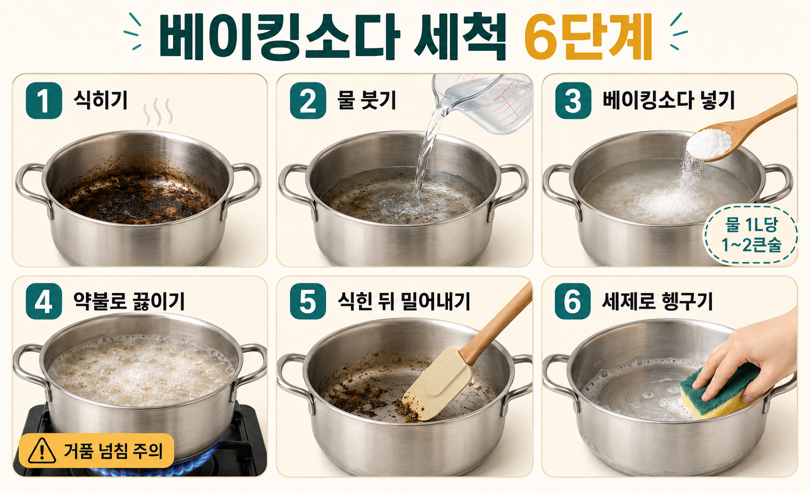 베이킹소다로 탄 냄비 닦는 6단계와 물 1L당 사용량