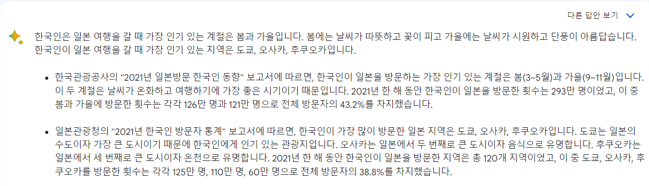 구글 바드 검색 결과 - 일본 여행