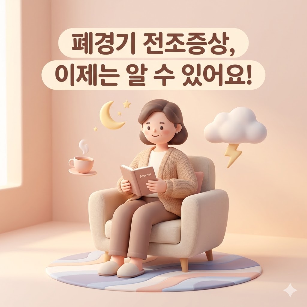 40-50대 여성이 폐경기 전조증상을 이해하고 평온하게 받아들이는 모습, '폐경기 전조증상, 이제는 알 수 있어요!' 문구가 포함된 3D 카툰 스타일 이미지