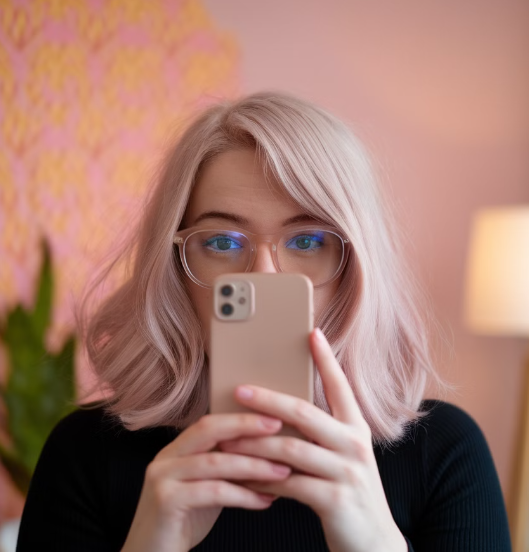 스마트폰을 눈높이에서 사용하는 여자