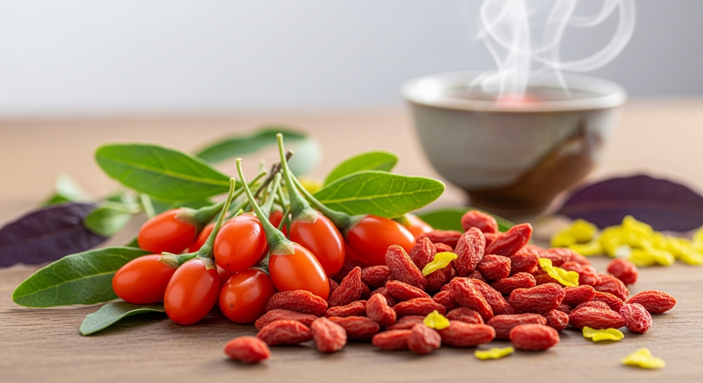 싱싱한 구기자 열매와 말린 구기자, 그리고 따뜻한 구기자차가 어우러진 건강하고 활기찬 느낌의 정물 사진. 구기자의 효능을 상징하는 보라색과 노란색 계열의 배경.