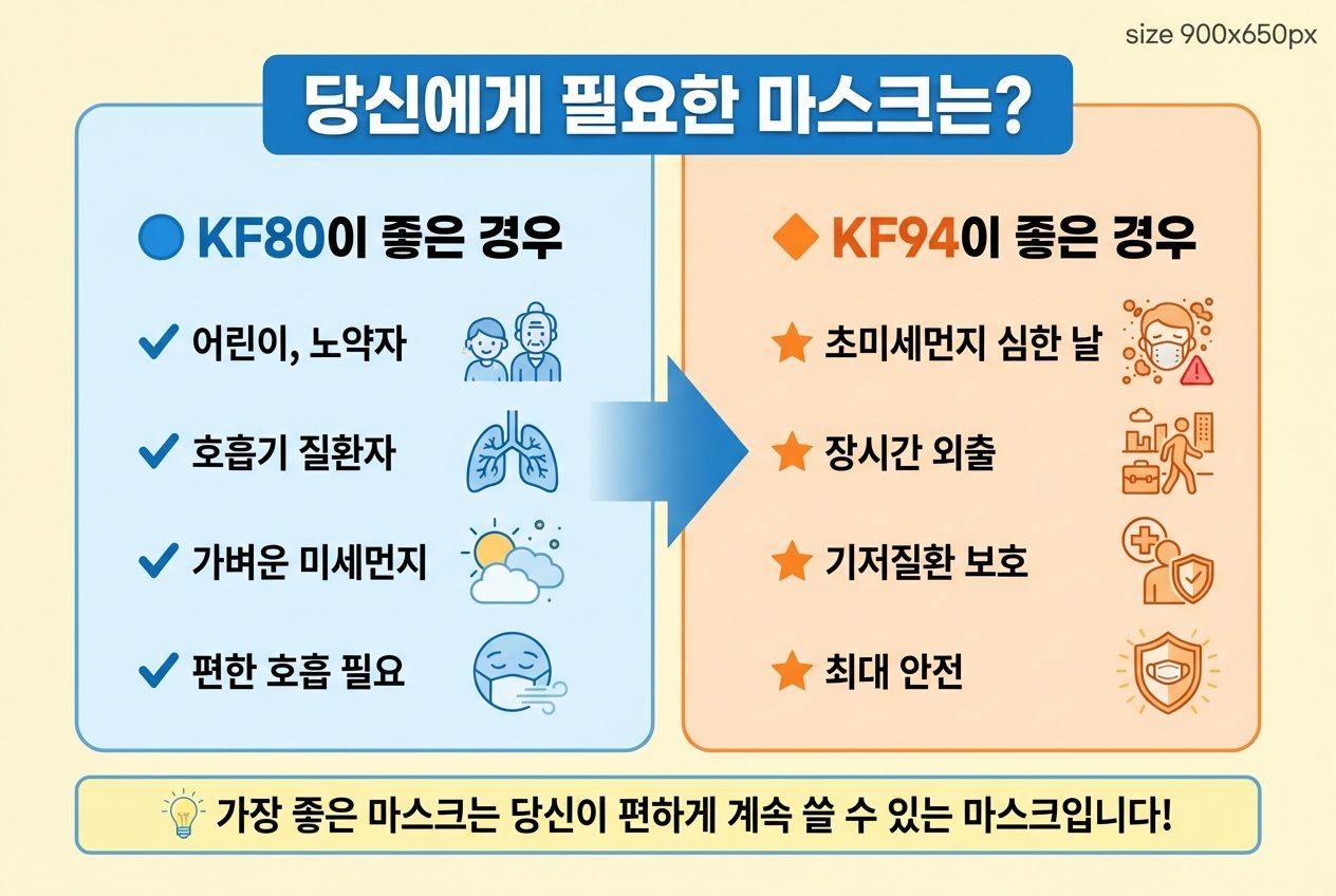 Alt 태그: "당신에게 필요한 마스크 선택 가이드, KF80 추천 어린이 호흡기환자, KF94 추천 초미세먼지 장시간"