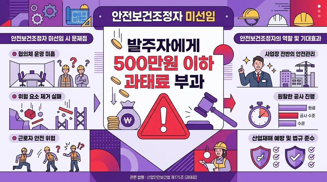 안전보건조정자 미선임 시 과태료(500만원 이하)를 보여주는 경고 인포그래픽
