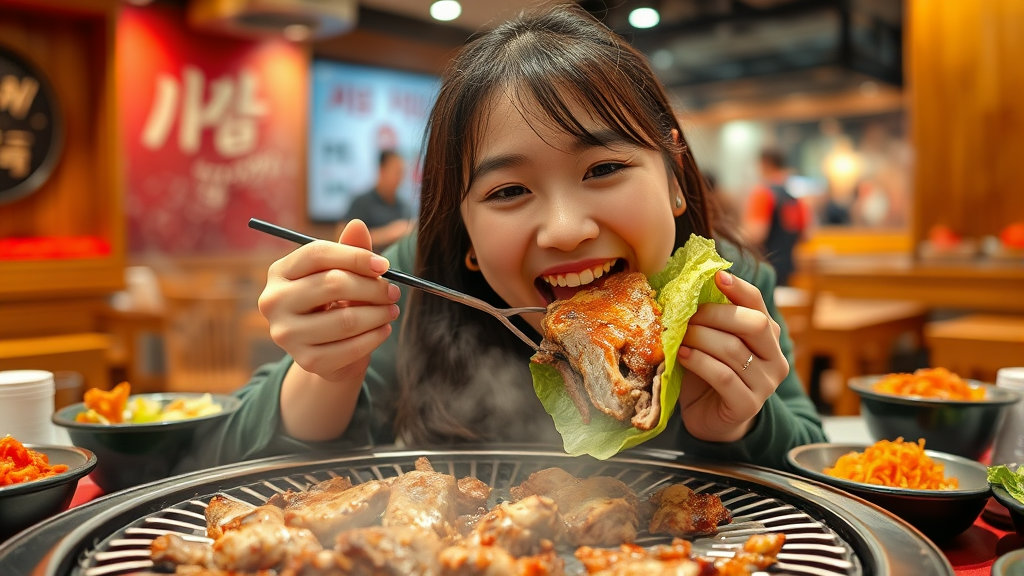 상추쌈을 크게 베어무는 한국여성