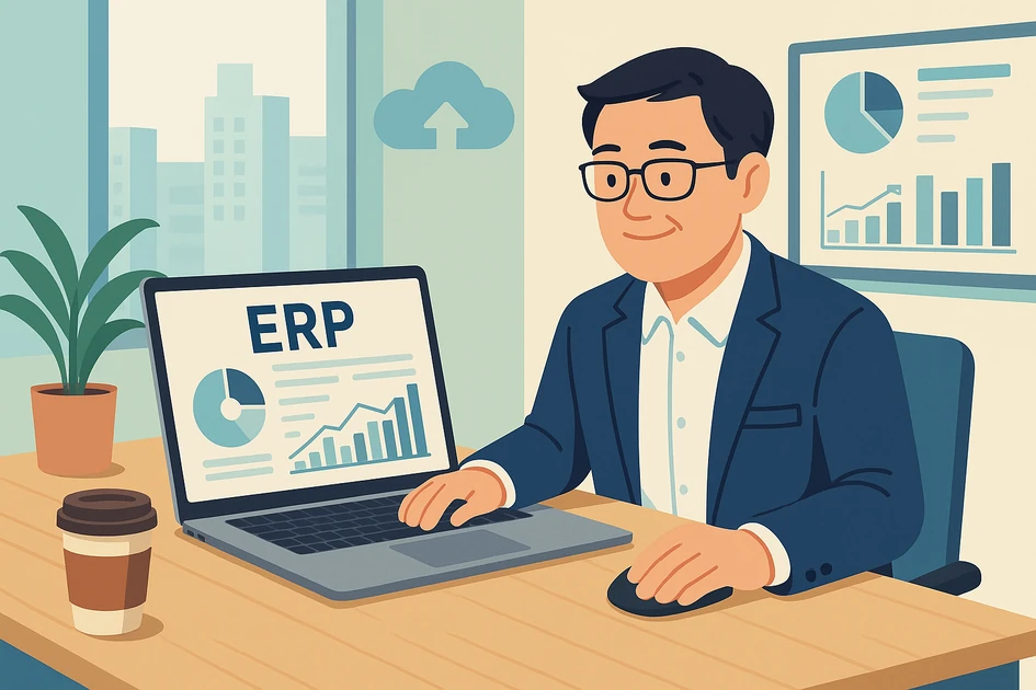 중소기업 대표가 ERP 대시보드가 열린 노트북을 보며 미소짓는 현대적인 한국 사무실 작업 공간 일러스트