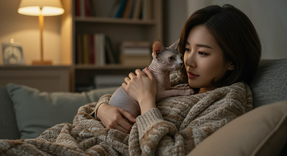 소파에서 털 없는 고양이 스핑크스를 안고 있는 여성