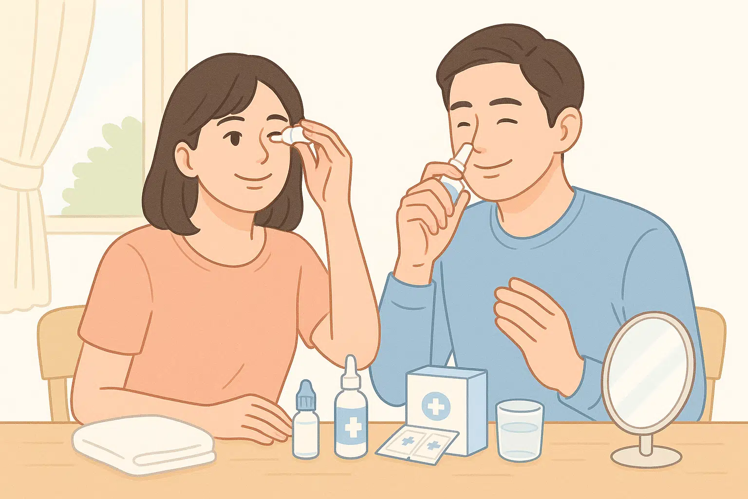 밝은 표정으로 건강한 코를 관리하는 남성과 여성, 인공눈물과 식염수 세트가 테이블에 놓인 모습