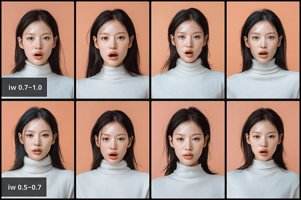 Midjourney 이미지 레퍼런스 실험, iw 0.5 - 0.7 최적 강도로 표정만 자연스럽게 반영된 인물 이미지_Midjourney