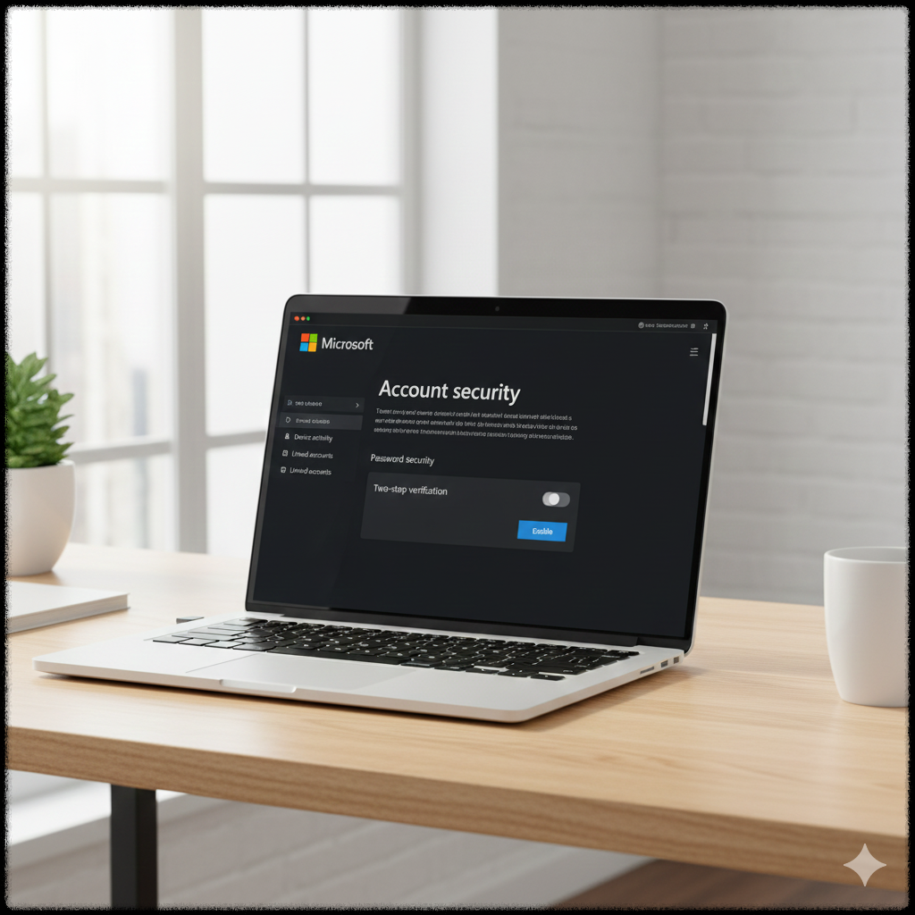 노트북에서 Microsoft 계정의 보안 설정 화면을 열어 2단계 인증 옵션을 확인하는 장면