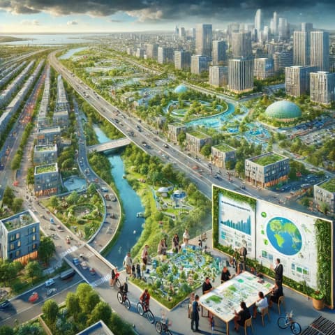 A panoramic shot of a city featuring bike lanes, pedestrian-friendly boulevards, and plenty of green public spaces
A conceptual 3D urban map highlighting green corridors, urban forests, and eco-friendly infrastructure
Planners or architects gathered around a large city model, discussing mixed-use developments with an emphasis on walkability
A community workshop scene where diverse residents propose or vote on ideas for a greener, more resilient neighborhood