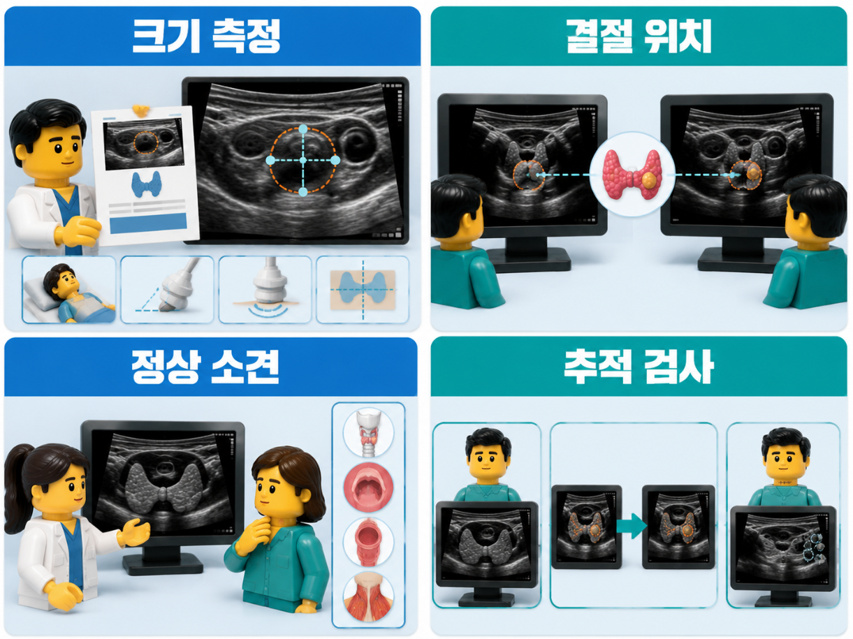 갑상선 결절의 크기 측정과 위치 비교, 정상 소견 및 추적검사 장면