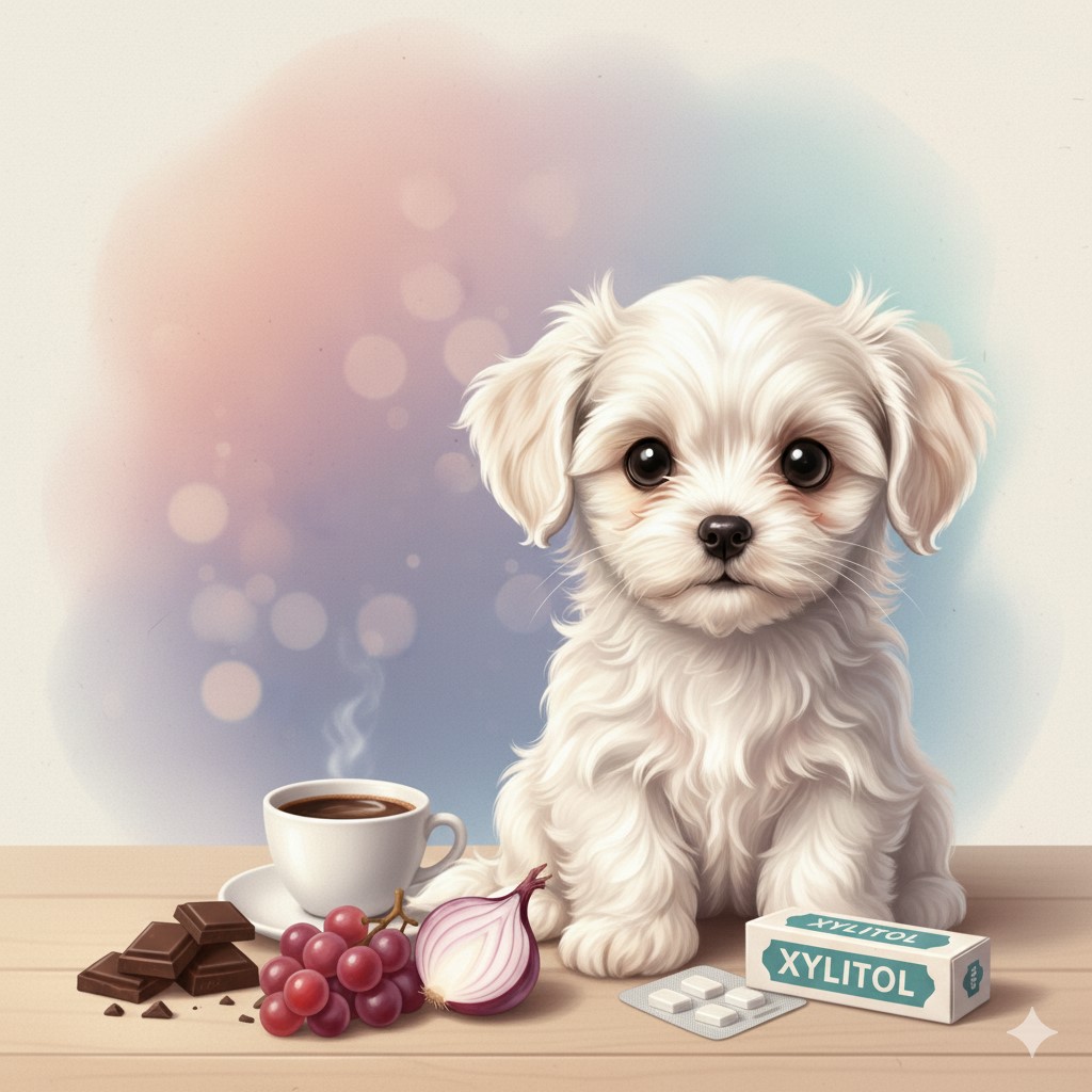 강아지에게 치명적인 독성 음식들(초콜릿, 포도, 양파, 자일리톨 제품 등)이 정갈하게 놓여있고, 그 옆에 편안하게 앉아있는 화이트 말티즈 강아지