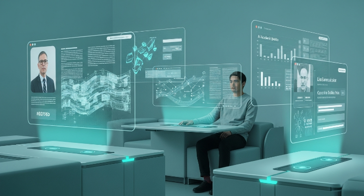 AI 봇으로 온라인 강의 학습 진도와 내용을 효율적으로 관리하며 편안하게 공부하는 사람의 모습.