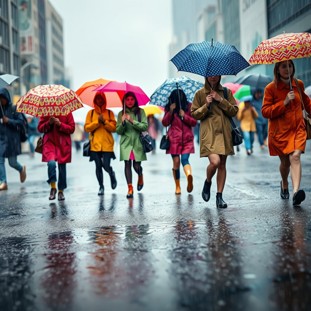다채로운 우산을 쓴 여러 사람들이 거리를 걷고&#44; 빗물이 땅에 튀어 오르는 동적인 순간을 포착합니다. 배경은 흐릿하게 처리하여 비의 강도를 나타내며&#44; 사람들의 조심스러운 움직임이 강조됩니다.