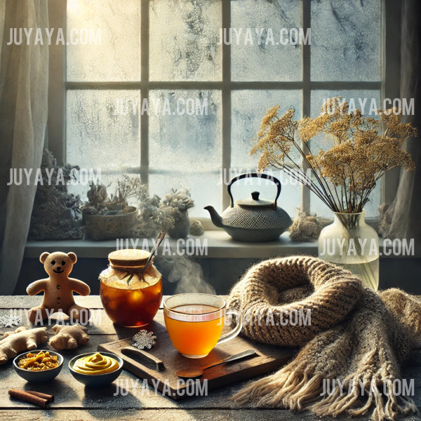 겨울 테이블 위에 생강차와 겨자 드레싱 샐러드가 놓여 있고, 니트 스카프와 서리 낀 창문이 배경을 이루는 아늑한 장면.