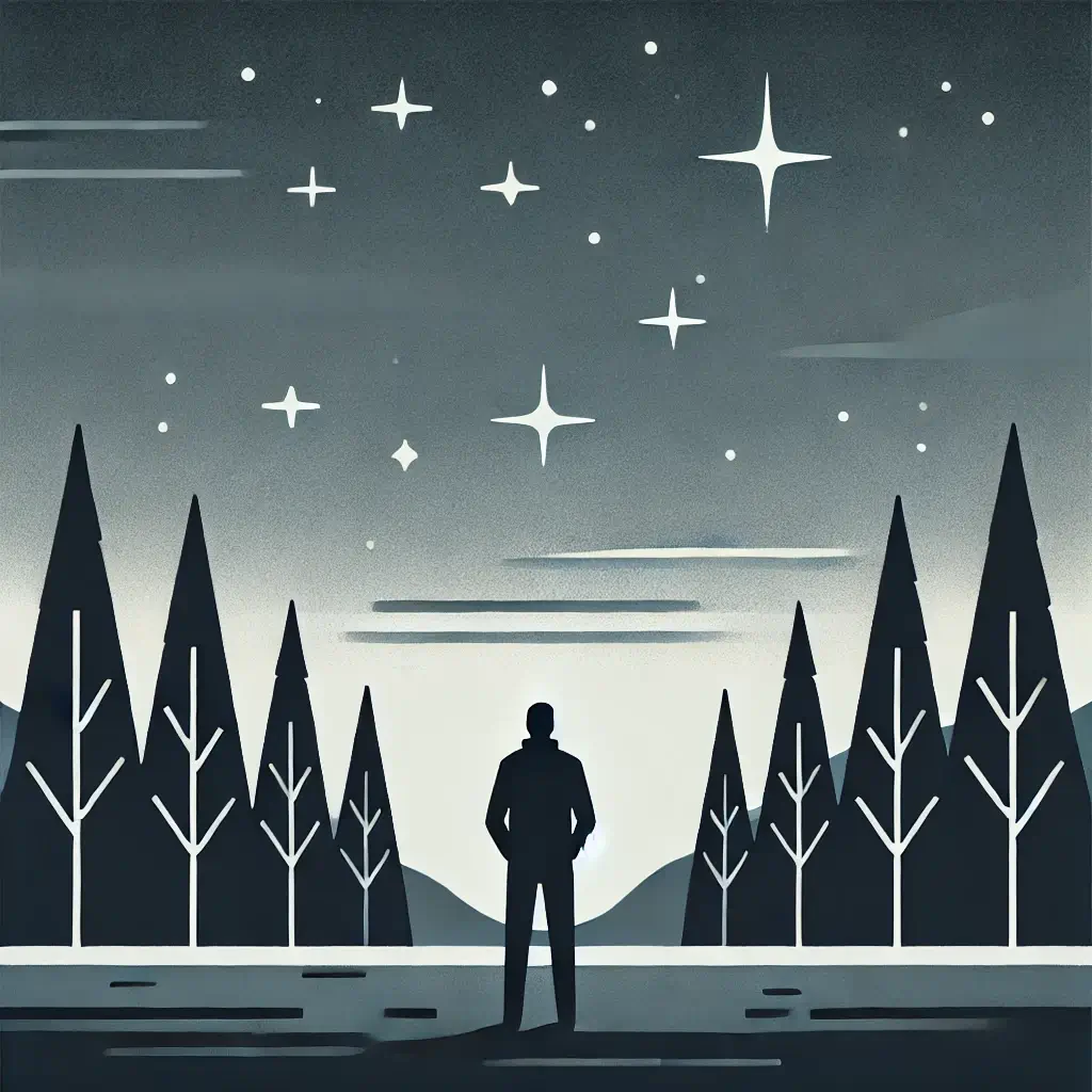 숲속에서 별을 바라보는 남성.