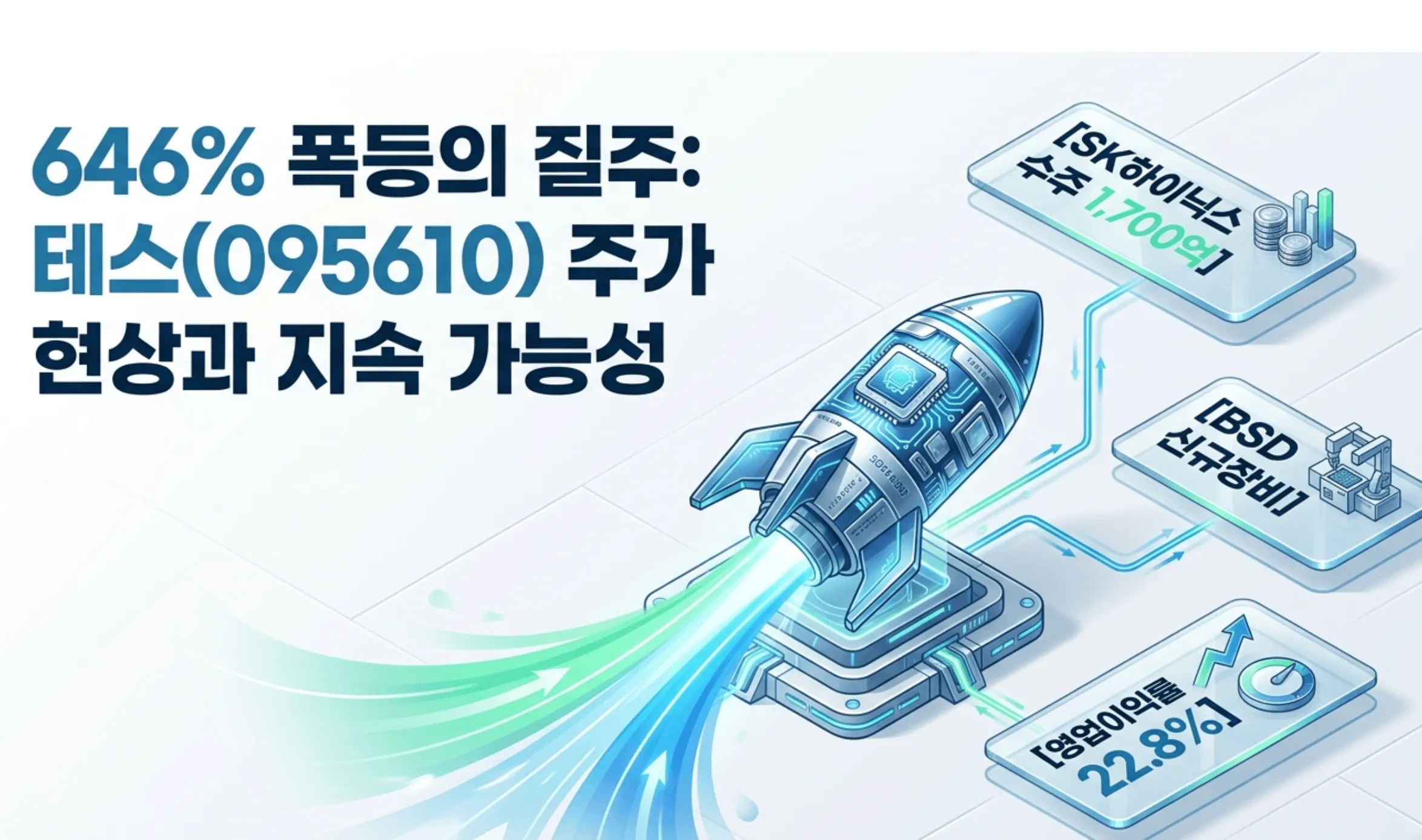 테스 주가 전망을 정리한 대표 이미지. 이 이미지는 SK하이닉스 수주 1,700억과 BSD 신규장비로 전공정 최선호주에 오른 테스의 주가 흐름, 최근 3년 실적, 목표주가 20만원과 PER 밸류에이션, 고객 편중·교환사채 리스크, 배당까지 핵심 정보를 시각적으로 전달하며, 블로그의 테스 주가 전망 및 종목 분석 주제와 관련된 내용을 설명함
