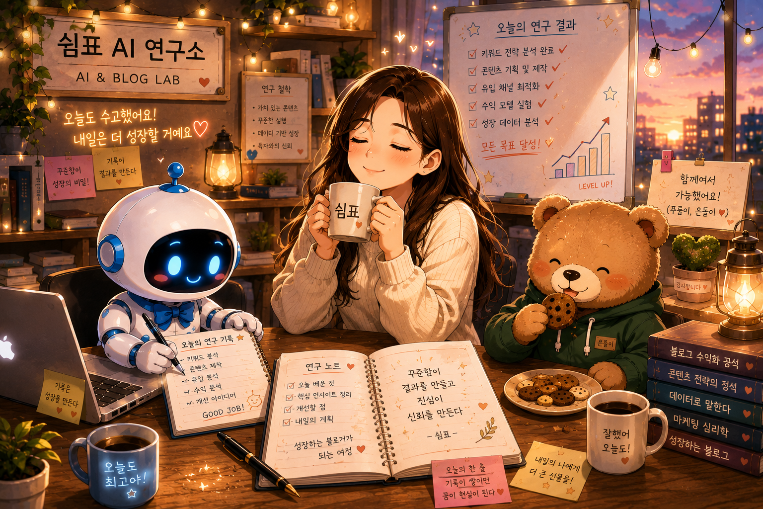 모든 연구 목표를 달성하고 커피와 쿠키를 나누며 기록의 소중함을 되새기는 쉼표와 연구원들.