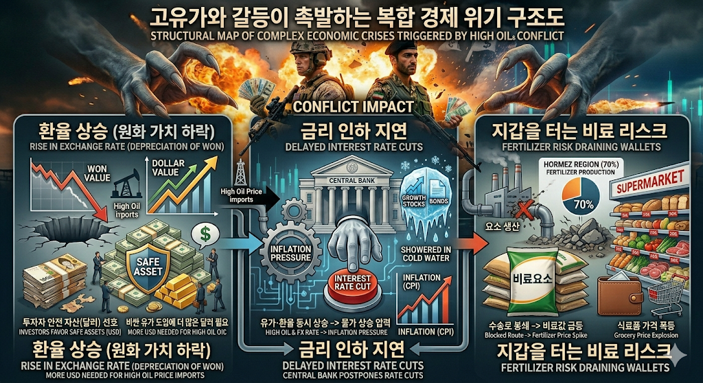"중동 전쟁 여파로 인한 3대 복합 경제 위기 구조도: 고환율(원화 가치 하락), 고금리 지속(금리 인하 지연), 비료 및 식료품 가격 리스크 분석"
