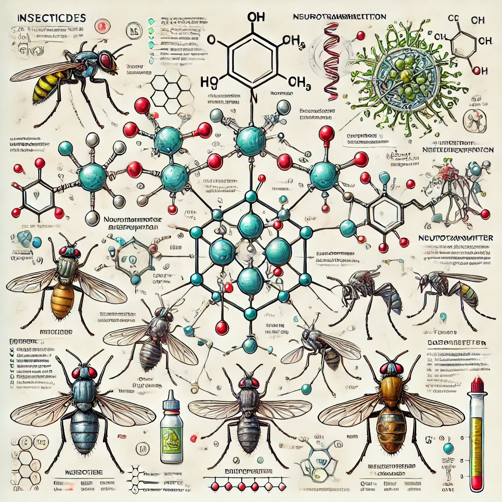 “살충제의 작용 기작을 설명하는 과학적 일러스트. 이미지에는 다양한 살충제의 화학 구조, 곤충 신경계에 미치는 영향 경로, 신경전달물질 차단 및 나트륨(Na) 통로 조절 메커니즘이 포함됨. 또한 살충제의 영향을 받은 곤충의 신경계 변화가 묘사되어 있으며, 생물학 교과서 스타일의 명확하고 이해하기 쉬운 도해로 구성됨.”