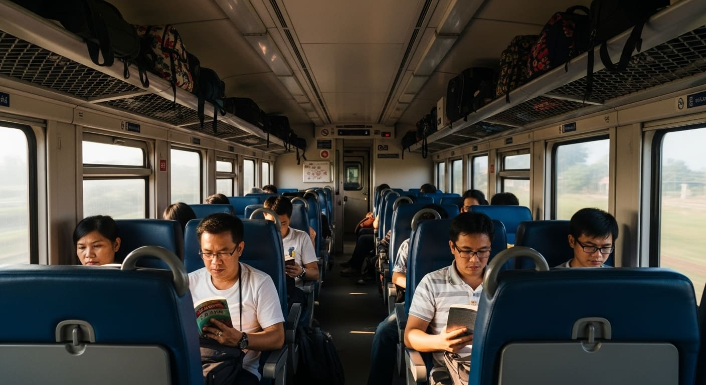 기차 좌석에서 독서를 하며 이동하는 승객들