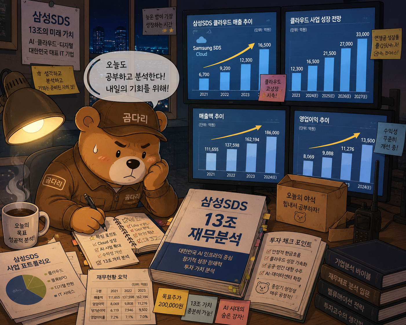 "배송 마치고 밤에 삼성SDS 재무분석 공부하는 곰따리 캐릭터"