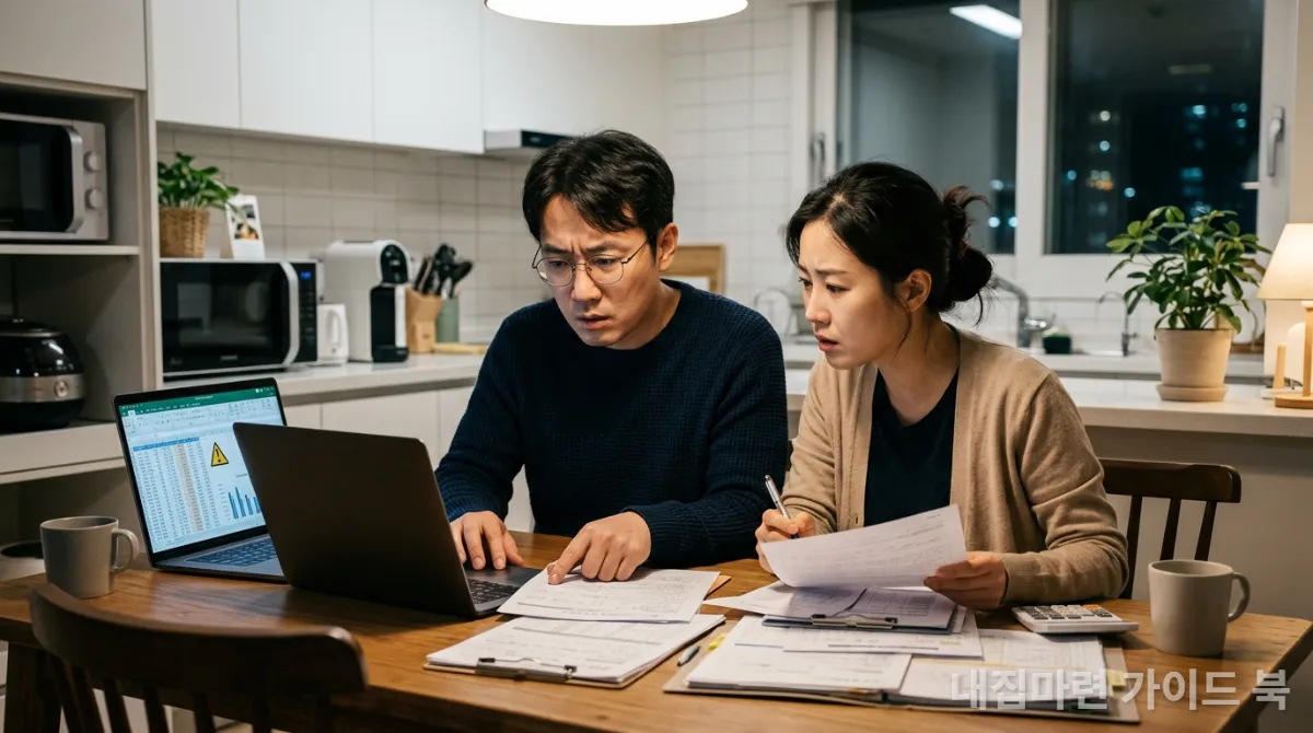 생애최초 주택 구매 시 주의사항을 꼼꼼히 확인하는 한국인 부부의 모습