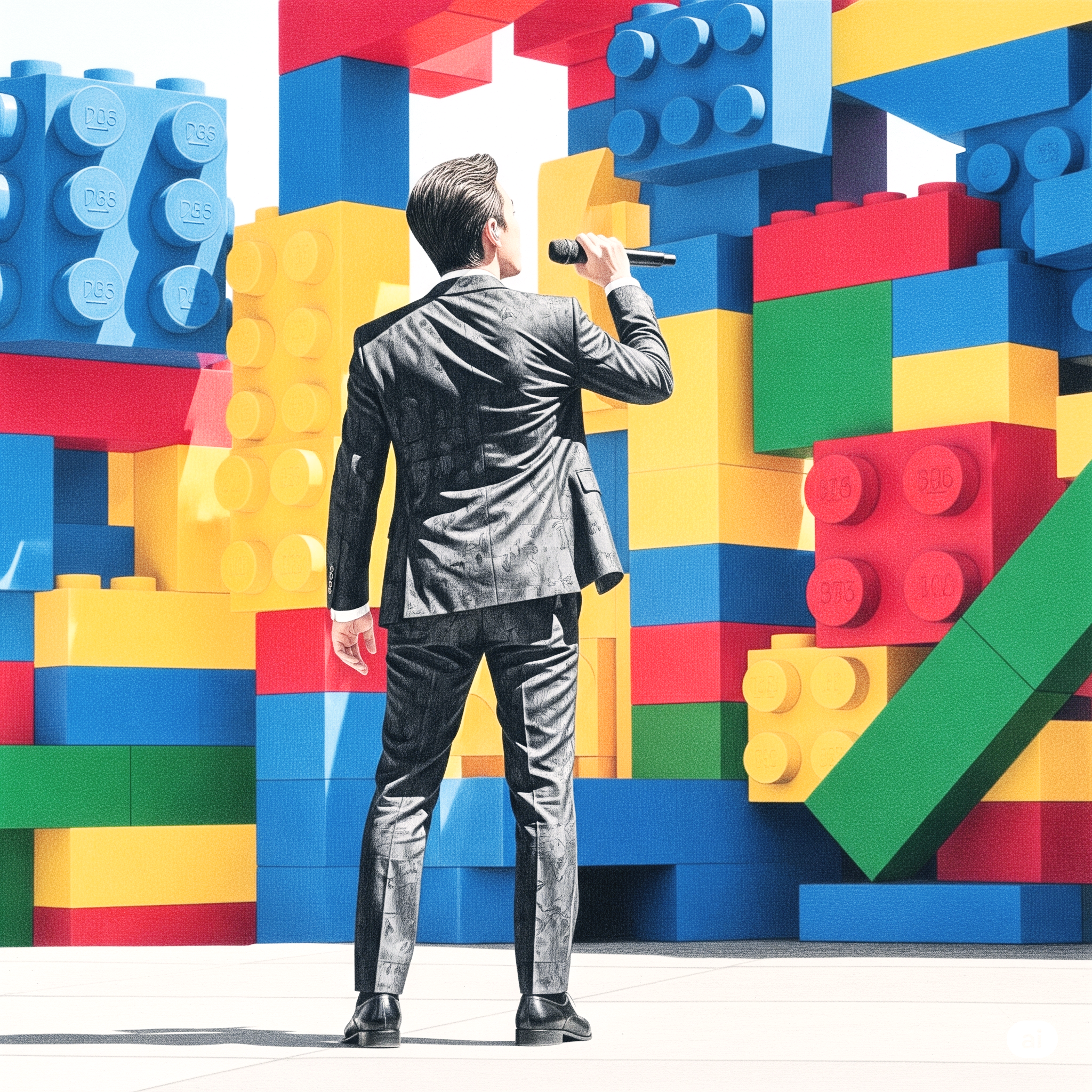 레고 정원 안에서 노래하는 남자