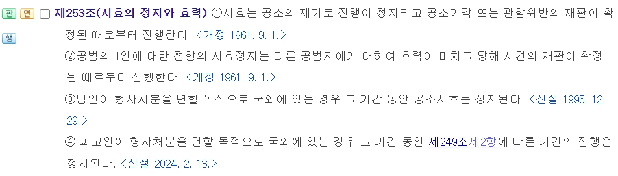 해외로 도망간 경우 시효가 완전히 정지된다는 253조 내용