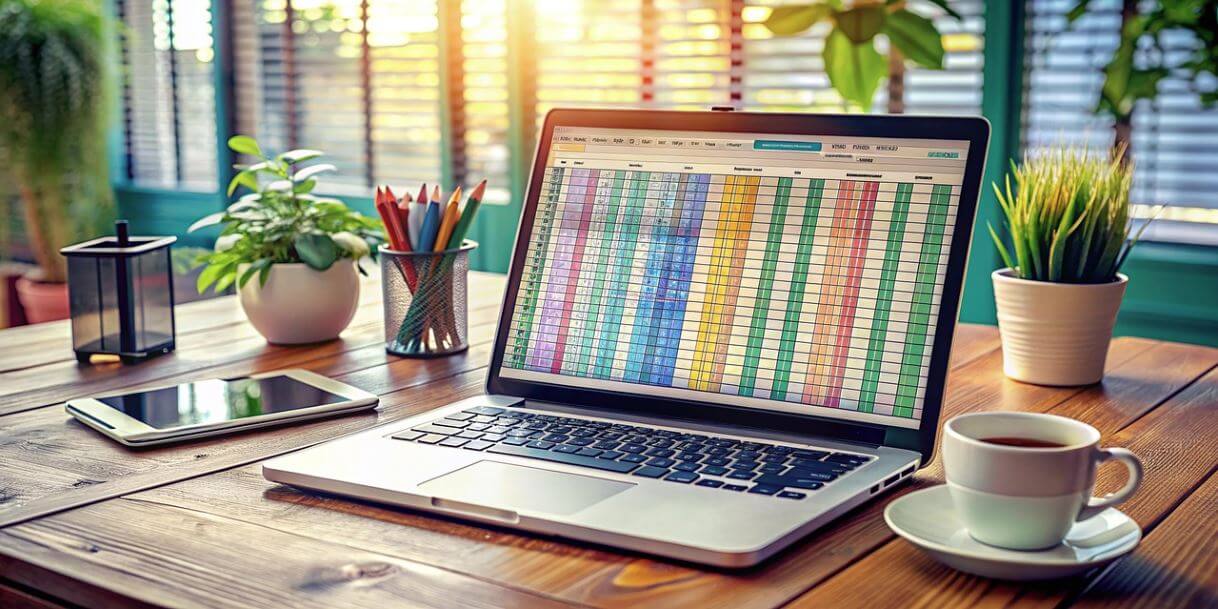 책상 위 노트북에 엑셀 화면